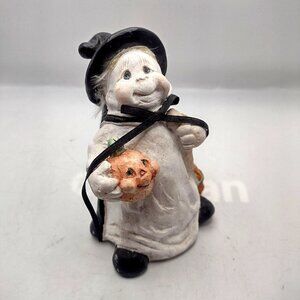 Vintage Chubby Faced Ghost Witch Ceramic Figurine Pumpkin Broom 1990s Cute Face